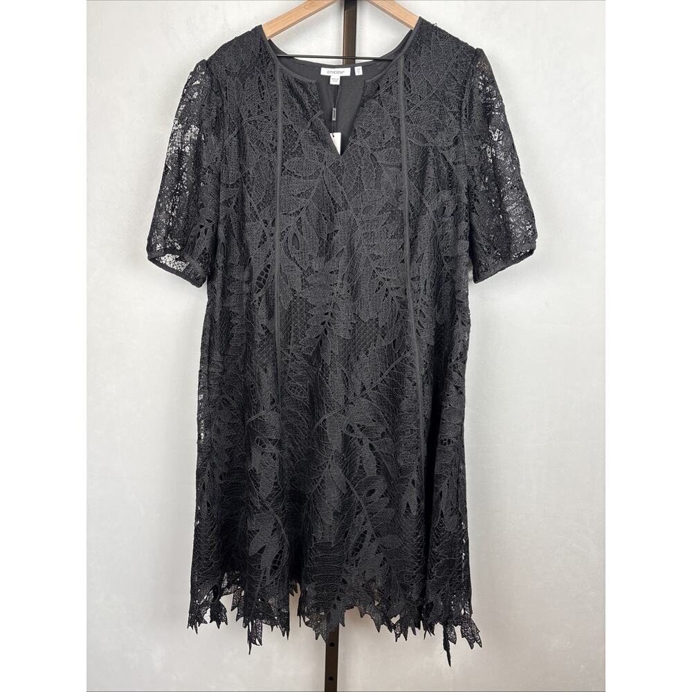 NEW Chico's Lace Leaf Dress Women's Size 14 Black Textured Short Sleeve Boho - Picture 2 of 12